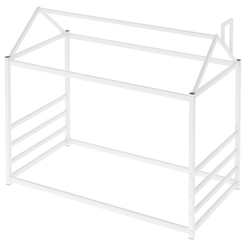 Lit simple avec structure en métal, toit et cheminée - Décorez comme vous le souhaitez, plateforme blanche au design unique, facile à assembler