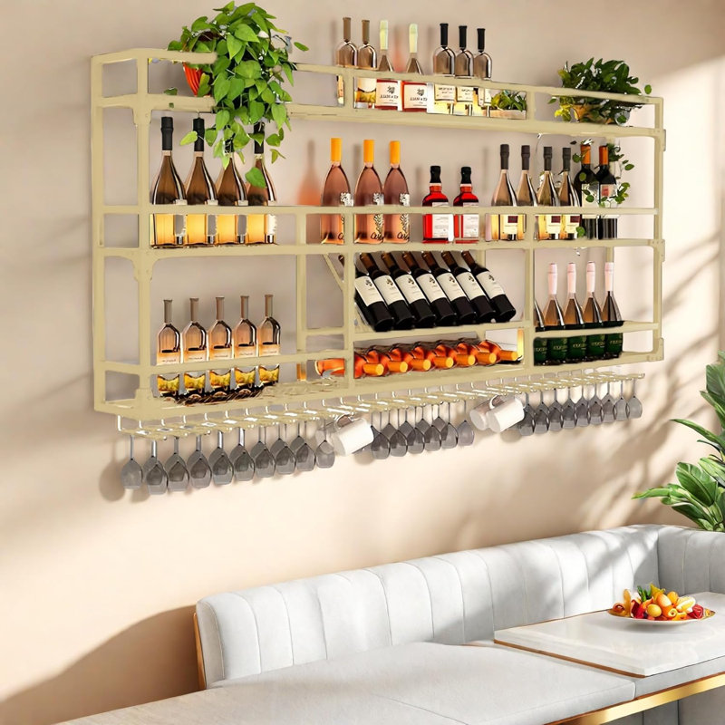 Support à vin mural en métal 31 pouces avec lumière DEL - Support à vin à 3 niveaux avec support en verre - Présentoir à bouteilles peu encombrant
