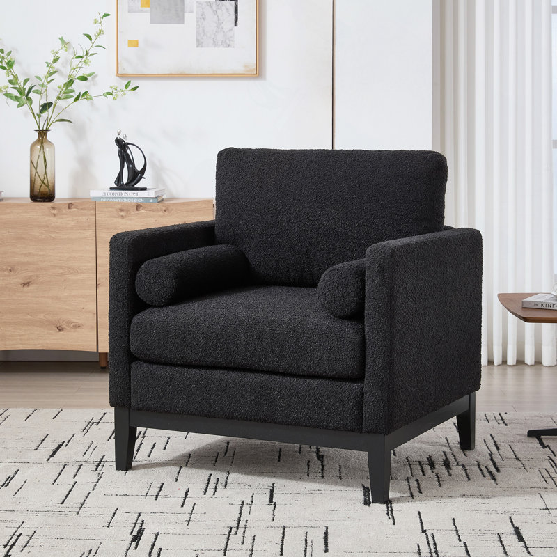 Fauteuil d'appoint de 35,4 po de style campagne moderne avec pattes, fauteuil de lecture à base de bois et canapé avec deux traversins pour les bureaux et les salons, Boucle.