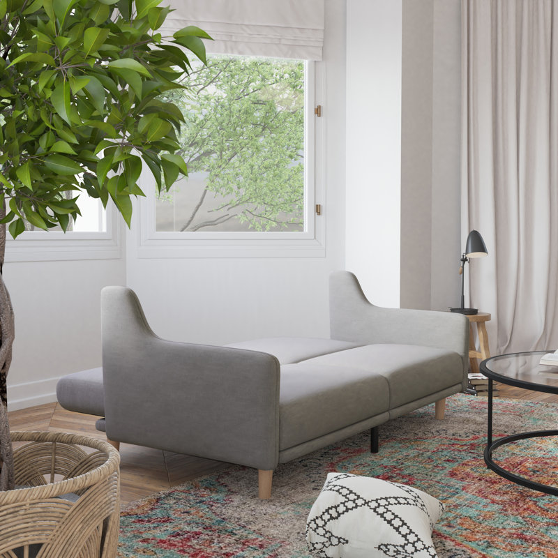 Xiana Split Back Futon Sofa with Curved Arms and Solid Wood Legs, Gray Linen Blend