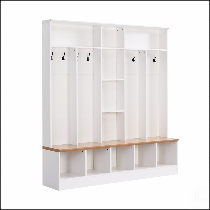 Wide Design Hall Tree with Storage Bench, Minimalist Shoe Cabinet with Cube Storage & Shelves, Multifunctional Coat Rack with 8 Hooks