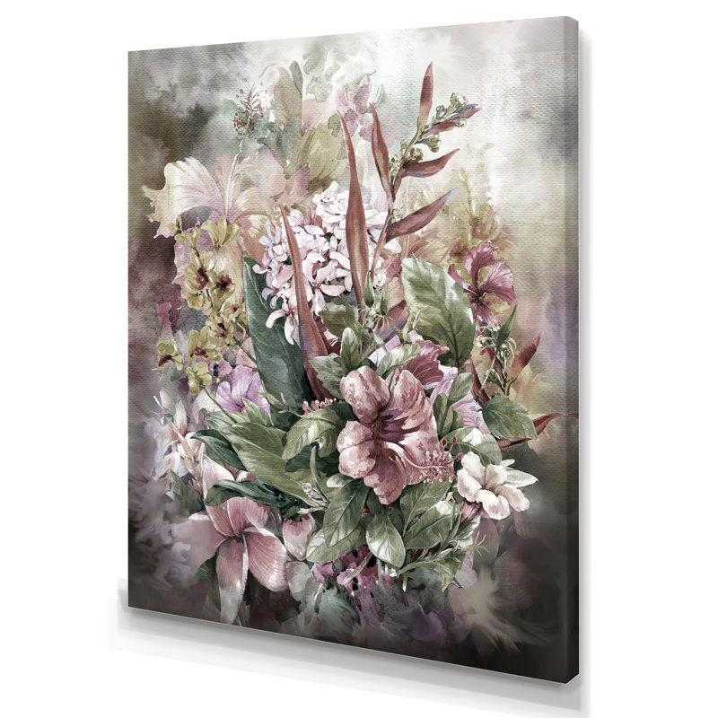 Grunge rose gris, fleurs d'été - décoration murale traditionnelle en toile, H 20 po x l 12 po x P 1 po, Toile tendue