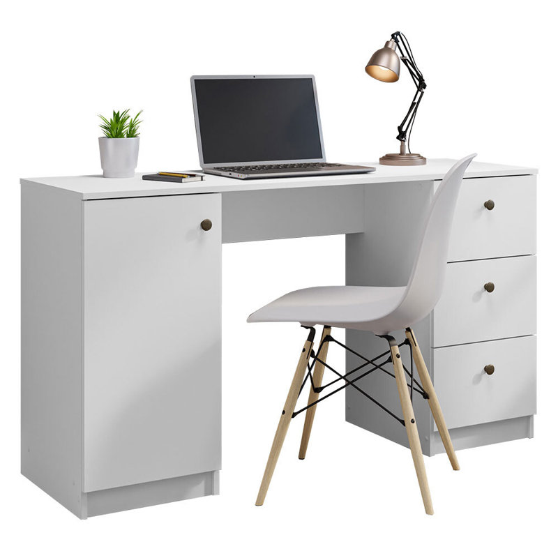 Sleek 53" White Executive Gaming Desk with Filing Cabinet