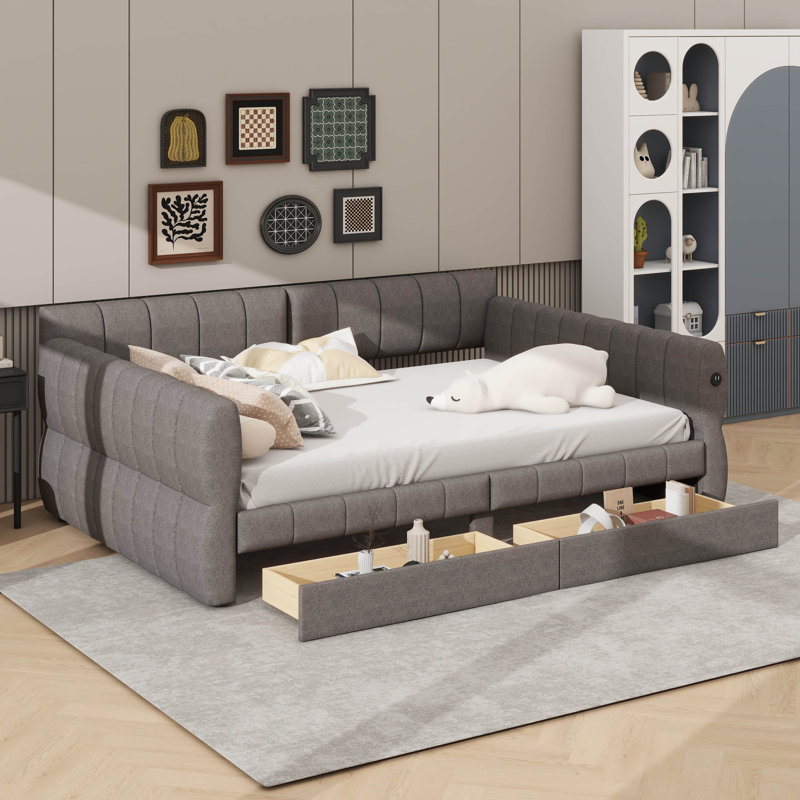 Grand lit tapissier à profil bas avec ports USB intégrés et tiroirs, gris