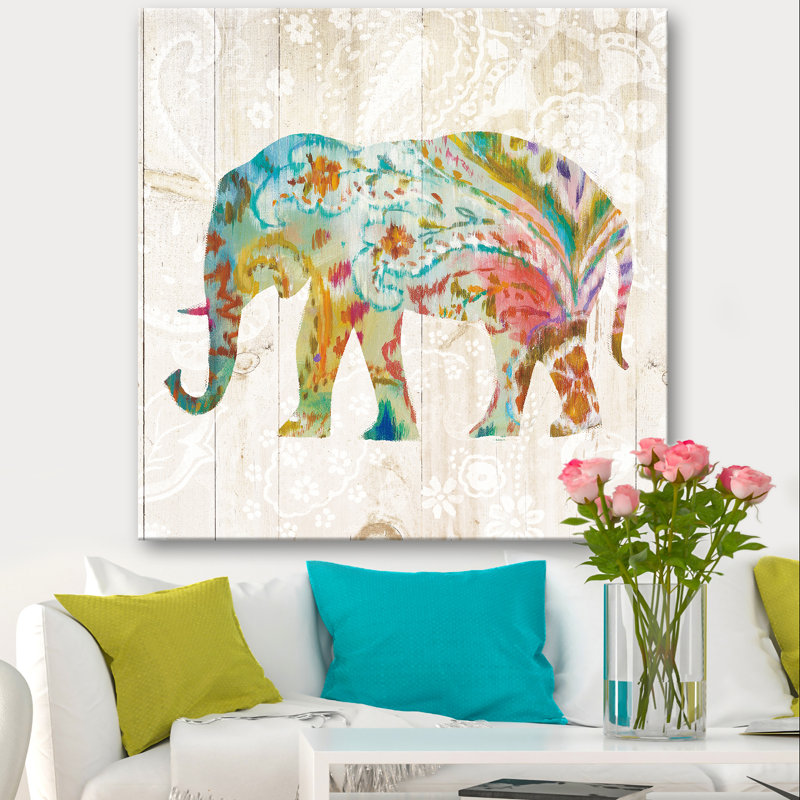 Boho Paisley Elephant II - reproduction d'art sur toile tendue, H 30 po x l 30 po x P 1 po