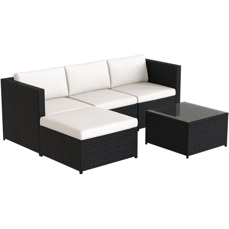 Rattan Garden Wicker Furniture Patio Sofa Set With Glass Coffee Table, Cream, Black Rupert