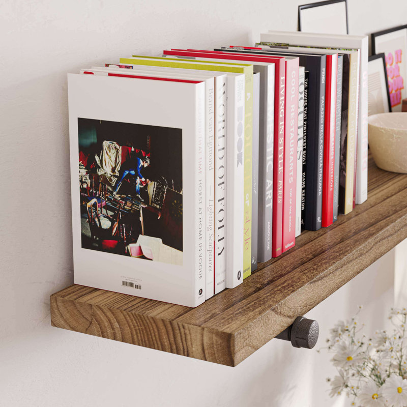 Vertell Long Wall Shelf, Industrial Pipe Shelving, Wooden Book Shelves for Living Room, Shelf Décor