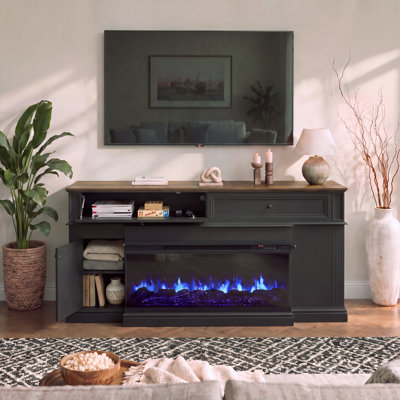 Meuble télé de 63 po avec foyer électrique à 3 côtés, console multimédia compatible avec les téléviseurs jusqu'à 70 po, étagères réglables, rangement dissimulé et passe-câbles.