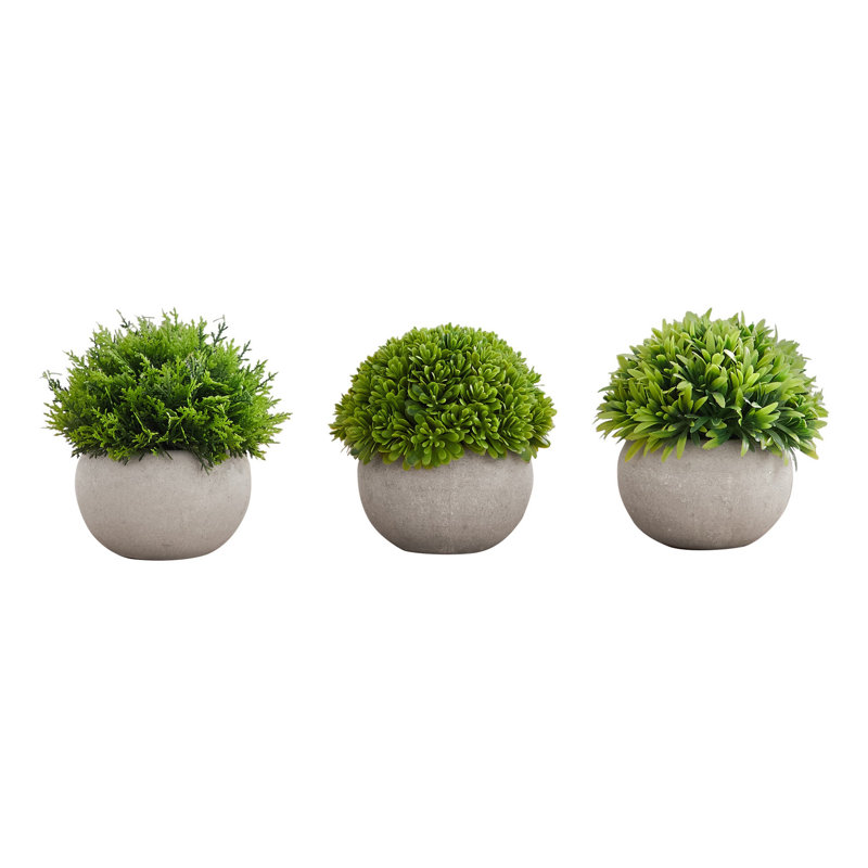 Set of 3 Green Faux Grass Plants in Gray Pots