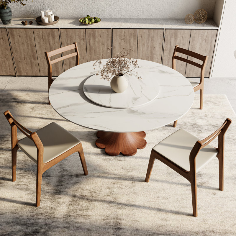 Round Stone Top With 360° Circular Rotating Lazy Susan Solid Wood Base Dining Table For 6-10, Snow, Brown