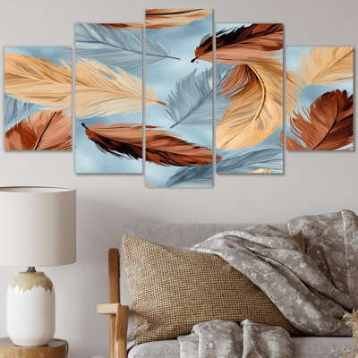 «Retro Boho Feathers II», reproduction sur toile - 5 panneaux