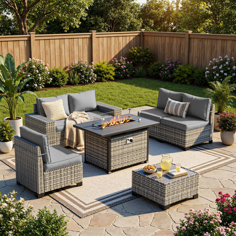 7-Piece HDPE Wicker Patio Sectional Set With Fire Pit Table, Cushioned Outdoor Conversation Set, Gray