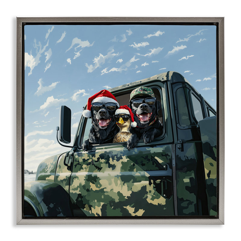 Cadre flottant Santa Dogs & Duck, design par Jim Baldwin, H 25 po x l 25 po, Cadre flottant gris lustré