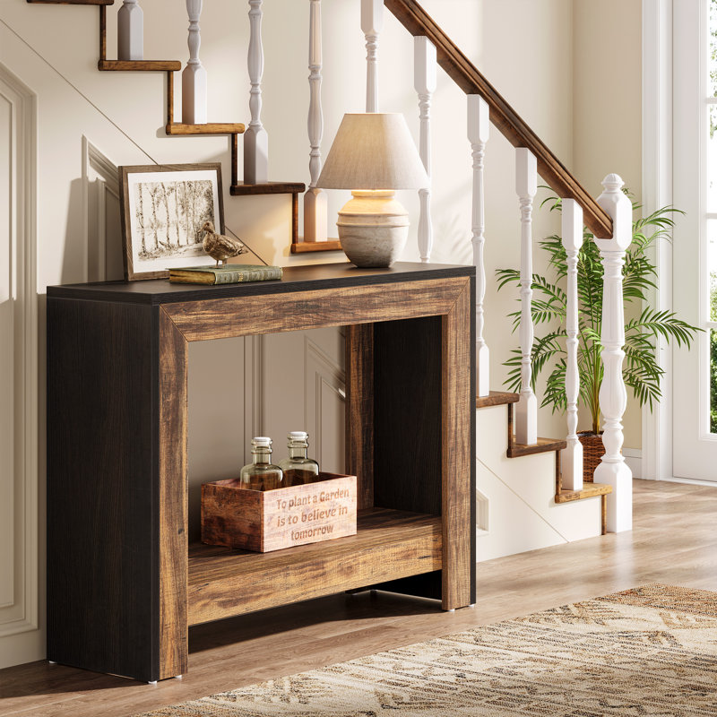 41.3" Farmhouse Console Table with 2 Tier Storage Shelves, Wooden Sofa Table for Living Room, Dark Brown