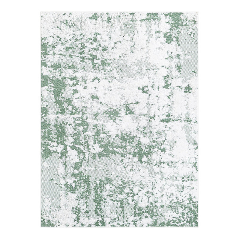 Tapis abstrait en coton tissé à la machine Heatherton en vert / blanc / gris, Rectangle 4 pi 5 po x 6 pi 1 po