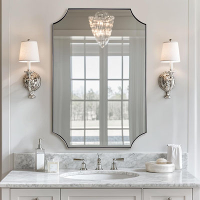  Tariro Contemporary Notched Corner Scalloped Rectangle Bathroom Vanity Mirror | Stainless Steel Frame