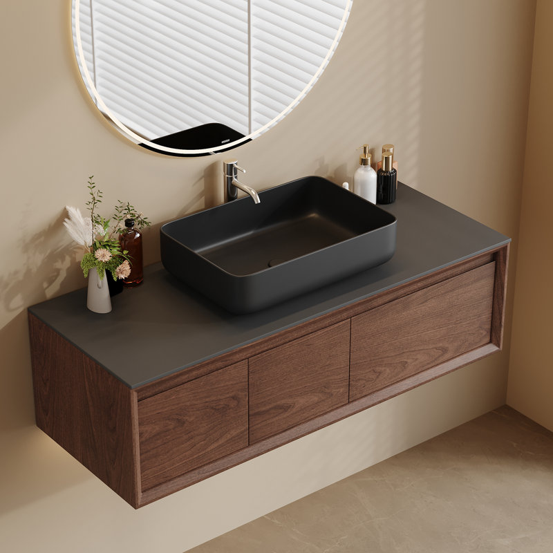 Meuble-lavabo flottant 48 po avec comptoir en pierre frittée 48 po, Black, Brun