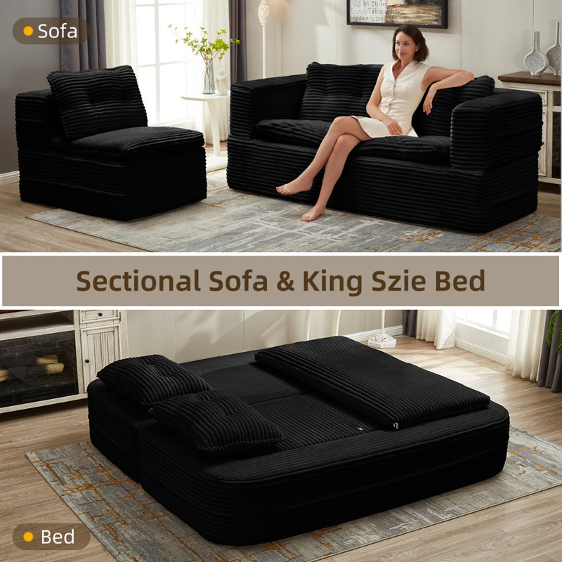 Boneless 80" King-Size Sleeper Sofa Bed Compression Convertible Couch Bed with Blanket, Black