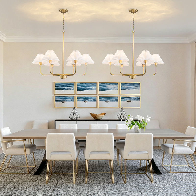 Lustre traditionnel 6 lumières avec abat-jour en tissu plissé, Doré