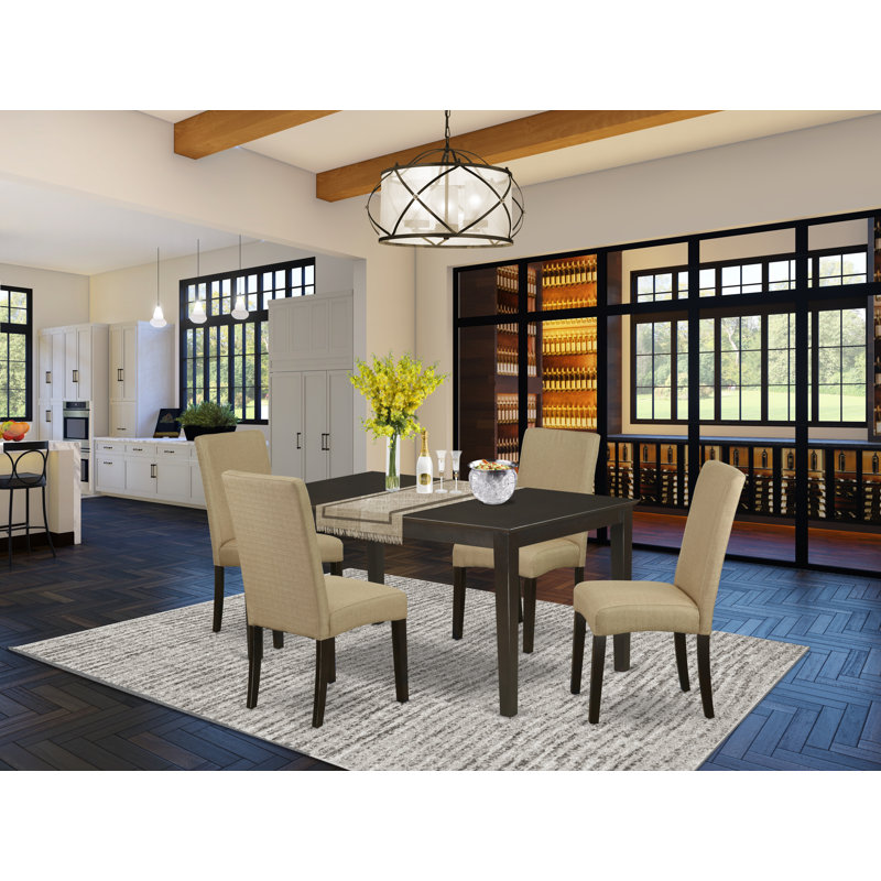 5 Piece Modern Dining Table Set Includes a Rectangle Wooden Table and 4 Brown Linen Fabric Upholstered Parson Chairs, 36x60 Inch, Cappuccino