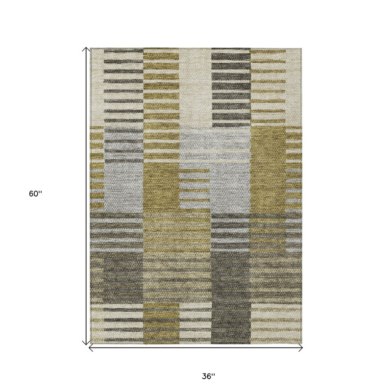 Tapis intérieur lavable rayé brun doré et taupe 3 pi x 5 pi