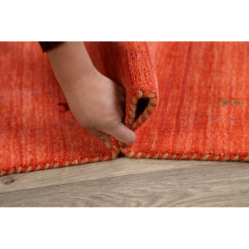 Tapis orange en laine noué à la main de conception unique 3 pi 9 po x 5 pi 9 po New Age
