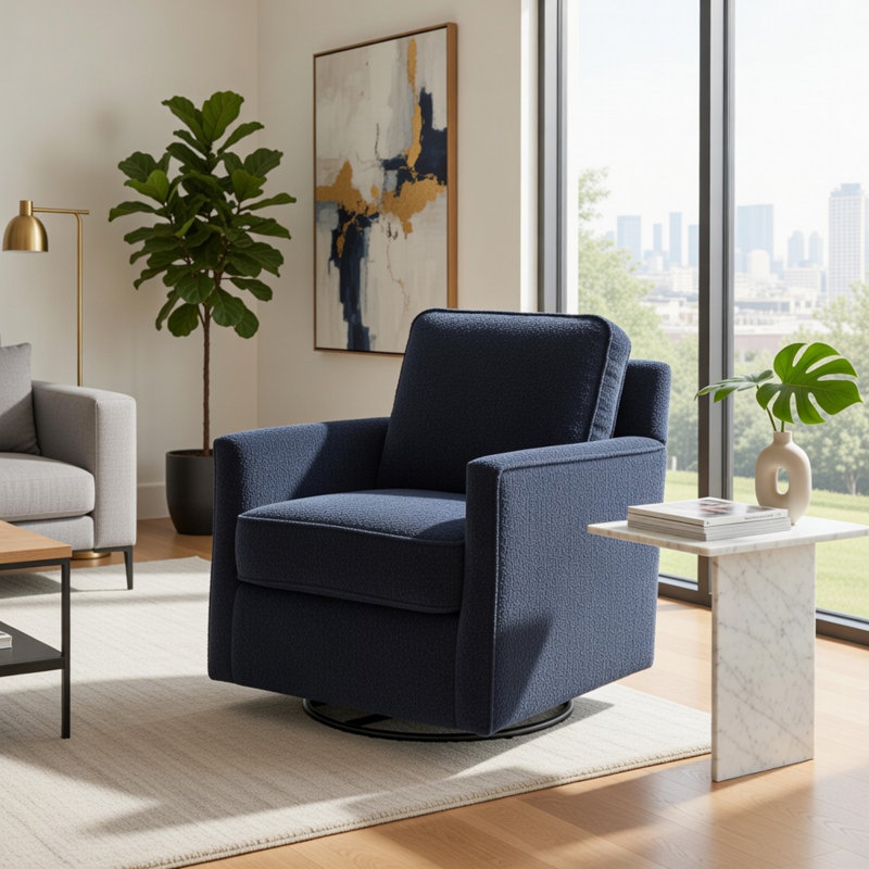 Fauteuil pivotant en coton et polyester Poof, Polyester bleu foncé
