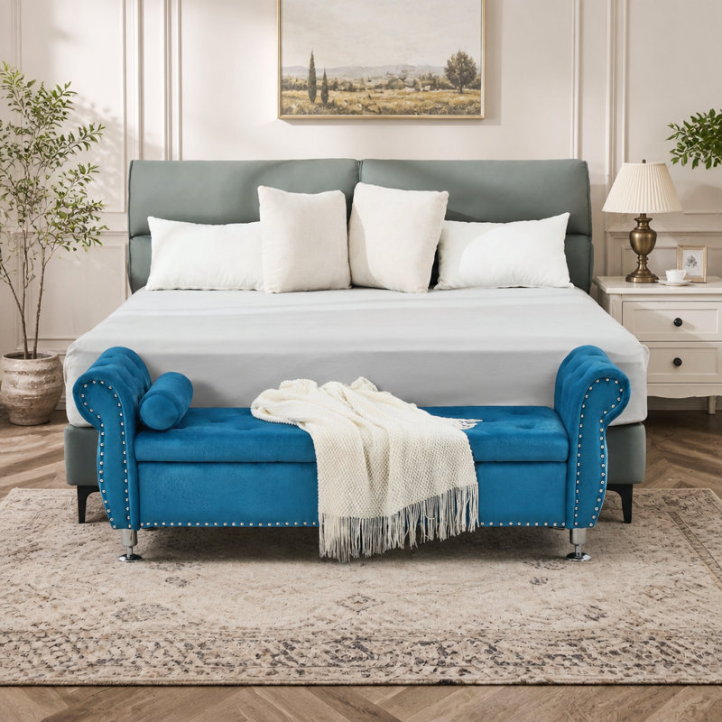 Banc de rangement en velours de 62,2 pouces avec boutons en cristal et 1 coussin, pour chambre à coucher et salon