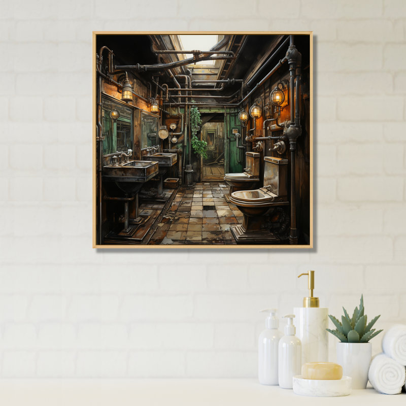 Toilette industrielle élégance mixte I - Art mural de toilette, H 36 po x l 36 po x P 1,5 po, Cadre flottant érable