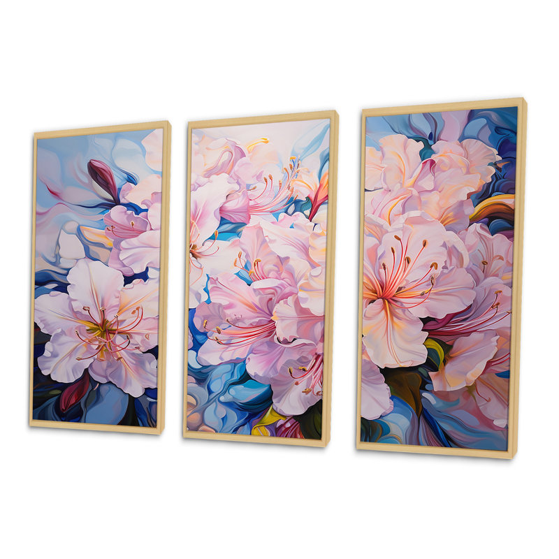 Ensemble de salon art mural rhododendron rose, H 28 po x l 36 po x P 1 po, Cadre naturel flottant