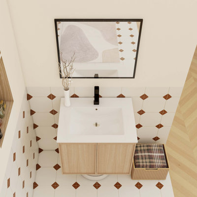 24-Inch Wall-Mounted Bathroom Vanity With Integrated Ceramic Sink, Light Oak Cabinet, Soft-Close Doors, And Space-Saving Floating Design.