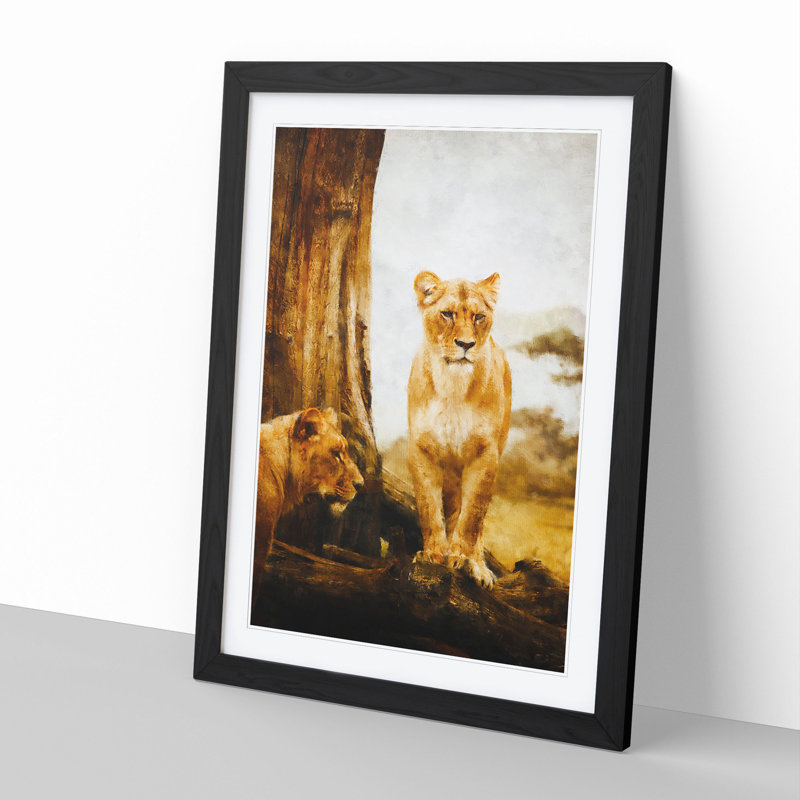 Two Lioness - Framed Print, 65cm H x 48cm W x 2cm D, Black Framed
