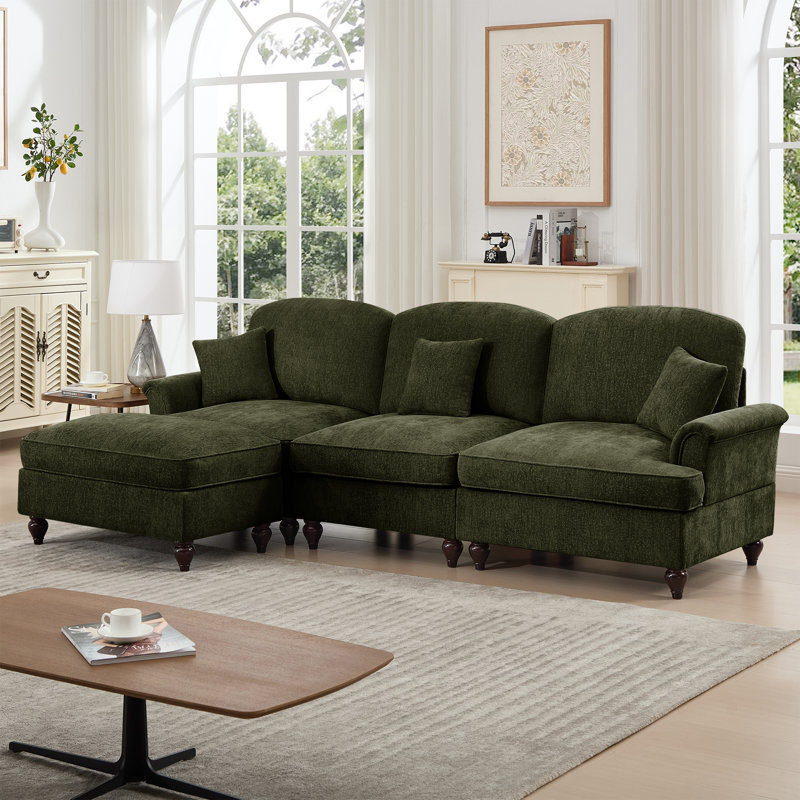 Élégant canapé surdimensionné de style Mid-Century à 3 places avec repose-pieds - jupe détachable en chenille 2 en 1 avec pieds fuselés