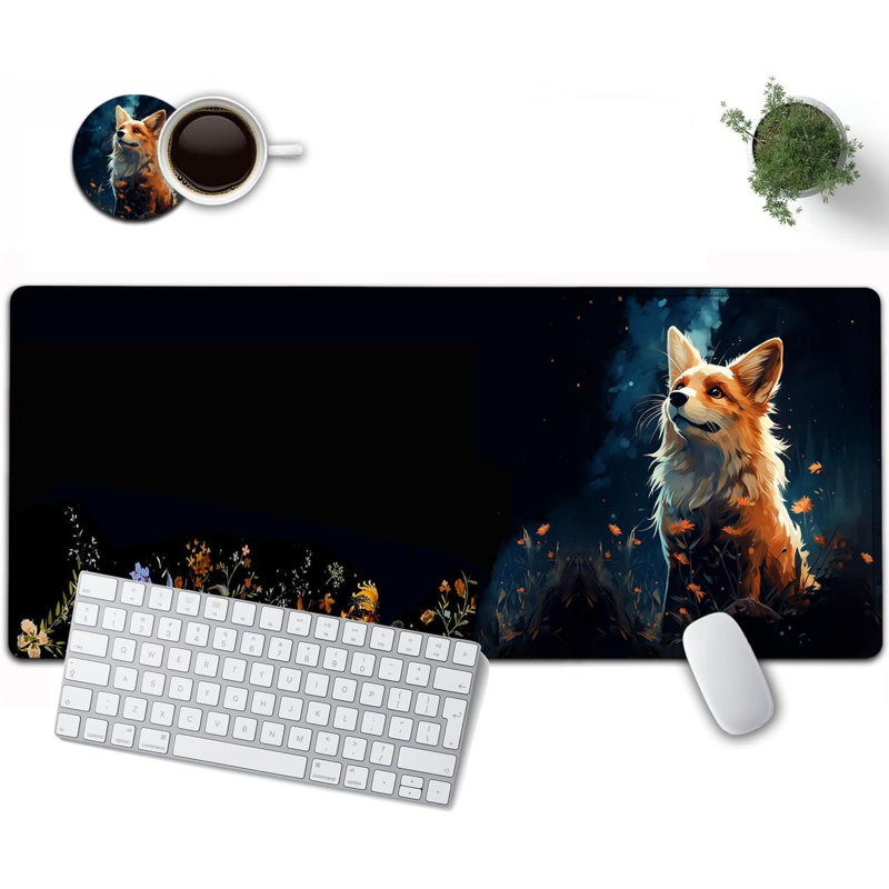 Grand tapis de souris, tapis de souris de jeu étendu de 15,75 po x 35,4 po avec bords cousus, base en caoutchouc XXL antidérapante pour tapis de bureau et de maison, tapis de bureau noir à motif animalier renard roux mignon livré avec une tasse de 11 onces gratuite
