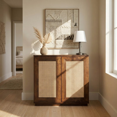 Armoire de rangement à 2 portes NTC Mossic, armoire d'appoint en rotin de bois massif, armoire de buffet modulaire, système de rangement extensible pour salon et meuble télé, assemblage facile, noyer foncé