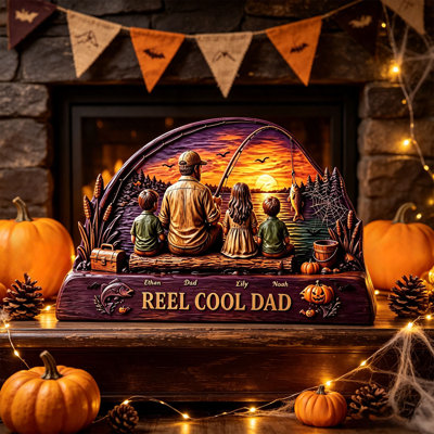 Halloween Decor Halloween Family Fishing Desktop Ornament Wooden Texture Ghost Pumpkin Bats Decor Halloween Tabletop Sign For Home Farmhouses Holiday Decor Gift