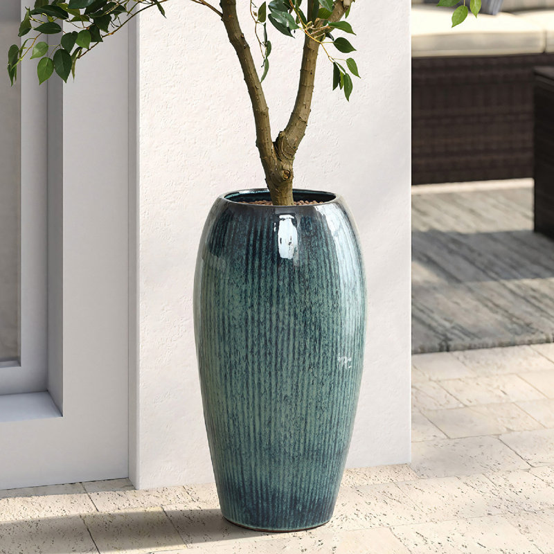 23" H Ceramic Tall Planter, Large Plant Pots with Drainage Hole, Blue, Blue