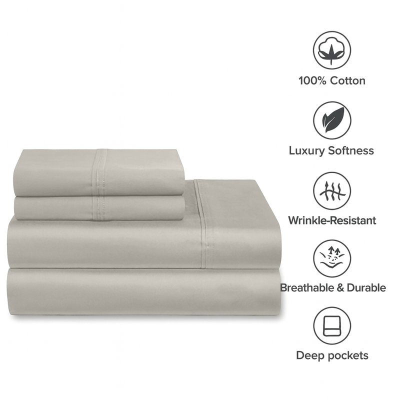 Ensemble de draps en coton à 100 % à densité de tissage de 1000 fils de la collection Milan, Gris