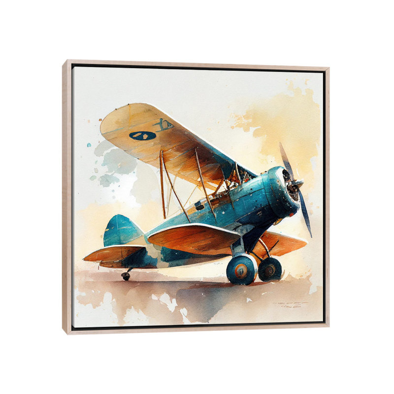 Aquarelle, avion rétro I, Toile avec cadre flottant en bois naturel, H 18 po x l 18 po x P 1,5 po