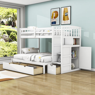 Lit superposé simple en bois avec étagère à 3 tiroirs Emmersyn