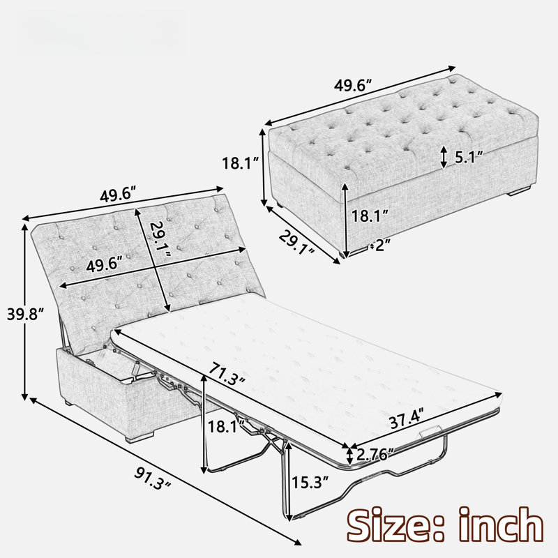 Convertible Ottoman With A Folding Sofa Bed, Frame, Memory Mattress And Tufted Design, Grey