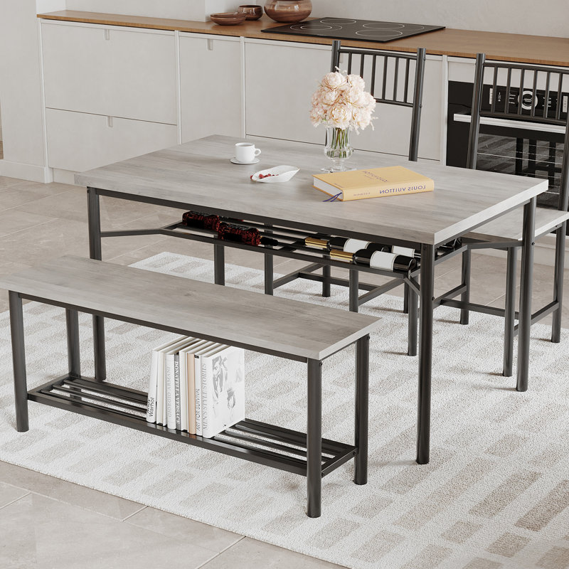 Farmhouse Rectangular Breakfast Table Set with Bench and 2 Chairs for 4 with Storage Racks for Apartment, Studio