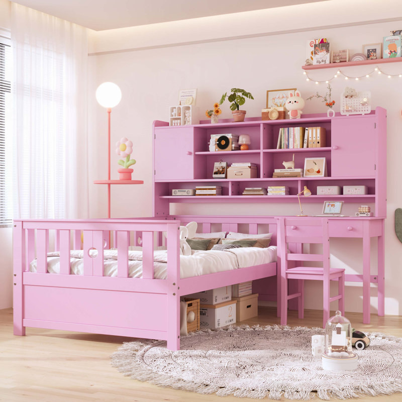 Wood Platform Bed with Bookshelf at the Head of the Bed, Built-in Desk and Matching Chair, Pink