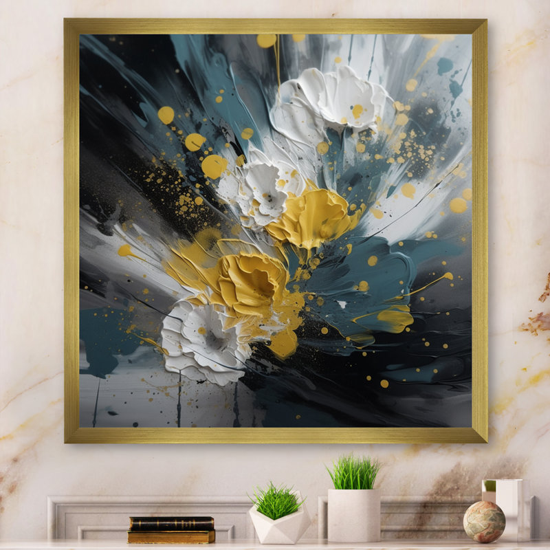 Jaune et blanc, jacinthe, paysage II sur toile, Encadrement doré, H 36 po x l 36 po x P 1,5 po