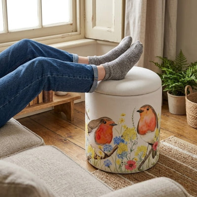 Block Print Upholstered Ottoman Footstool 40cm Footrest Stool Pouffe With Storage