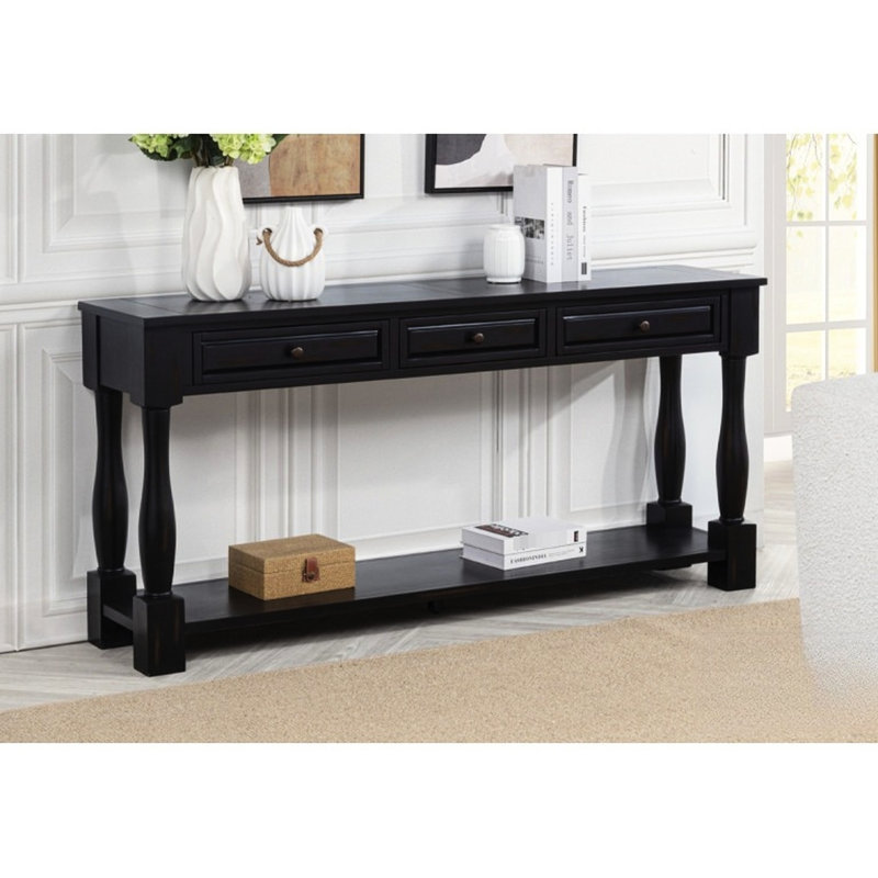 Console très longue de 63 po avec 3 tiroirs pratiques, une tablette pour le vestibule, des tiroirs rectangulaires en bois de style méditerranéen, un couloir, une conception transitionnelle