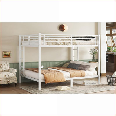 Queen Over Queen Metal Bunk Bed - Space-Saving, Noise-Reduced, No Box Spring Needed, White for Teens &amp; Adults