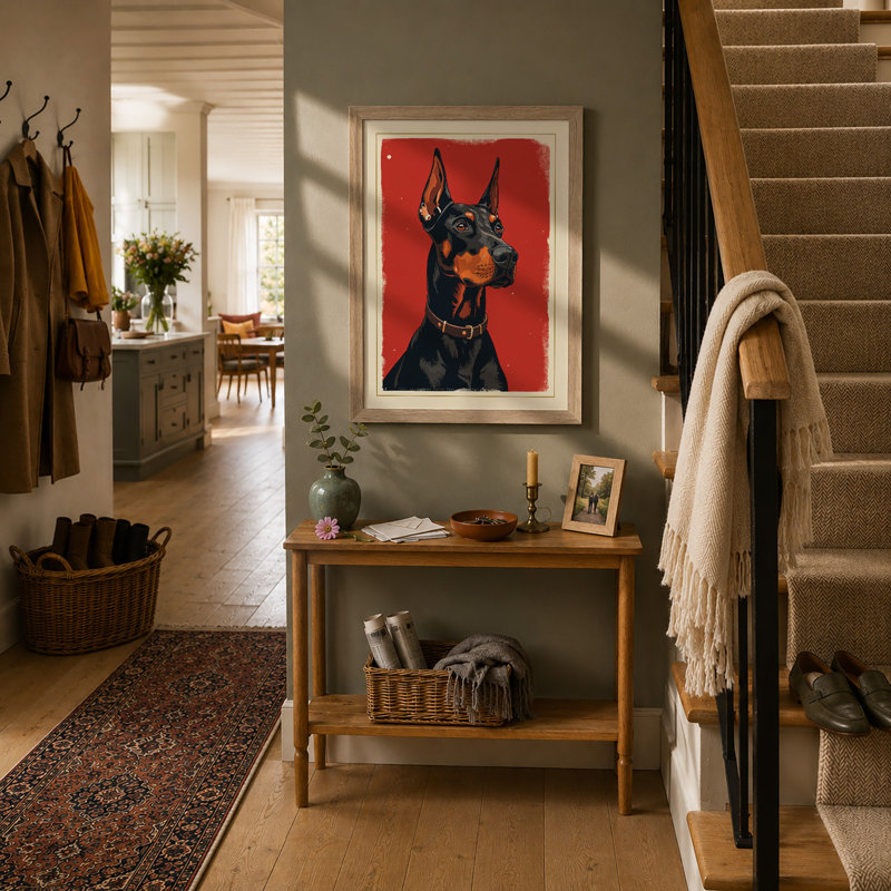 Alert Doberman Retro - Framed Print, A4 - 29.7 x 21.0 cm, Oak
