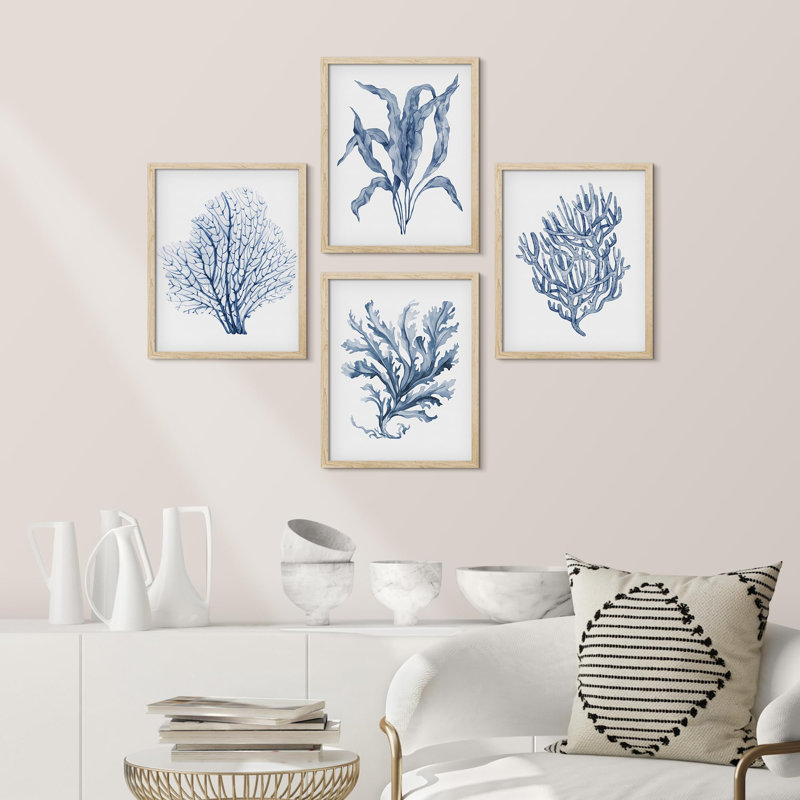 " Navy Blue Marine Coral Leaves Floral Botanical Plant " 4 - Pieces, Natural, 10" H x 8" W