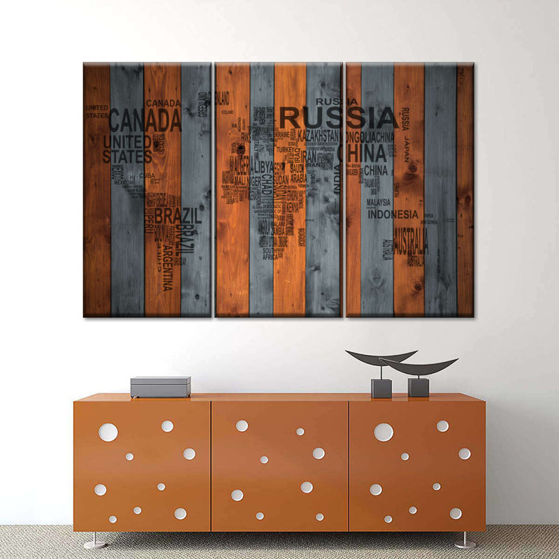 Carte du monde en bois, ensemble de 3 pièces sur bois, H 32 po x l 50 po x P 1,25 po